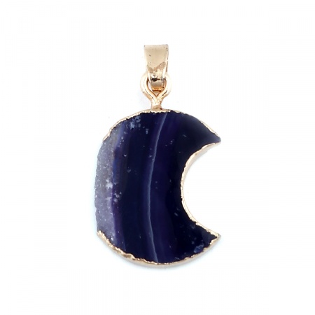 (Grado A) Agata ( Naturale ) Ciondoli Luna Oro Placcato Blu 3.7cm x 2cm, 1 Pz