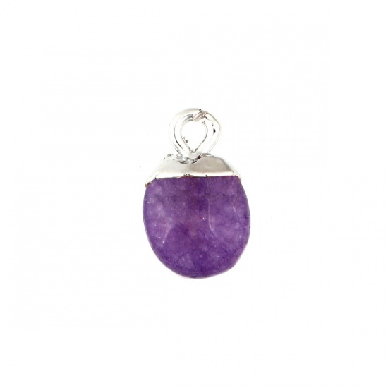 Picture of (Grade B) Stone ( Natural ) Charms Silver Tone Purple Oval 14mm x 9mm - 13mm x 8mm, 1 Piece