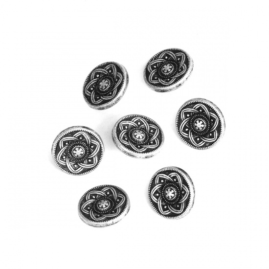 Picture of Zinc Based Alloy Sewing Shank Buttons Round Antique Silver Color Flower Carved 15mm Dia., 10 PCs