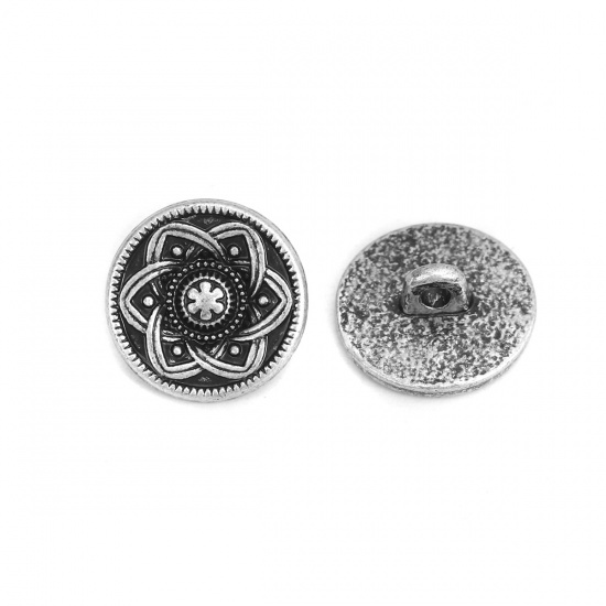 Picture of Zinc Based Alloy Sewing Shank Buttons Round Antique Silver Color Flower Carved 15mm Dia., 10 PCs