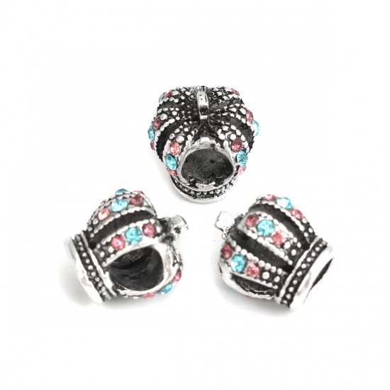 Picture of Zinc Based Alloy Spacer Beads Crown Antique Silver Color Blue Rhinestone Hollow About 12mm x 12mm, Hole: Approx 5.1mm, 5 PCs