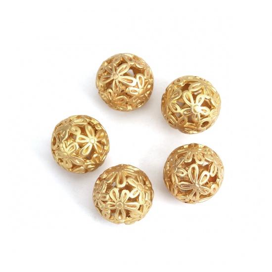 Picture of Zinc Based Alloy Spacer Beads Round Matt Gold Flower Hollow About 14mm Dia., Hole: Approx 2.1mm, 5 PCs