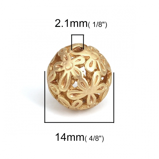 Picture of Zinc Based Alloy Spacer Beads Round Matt Gold Flower Hollow About 14mm Dia., Hole: Approx 2.1mm, 5 PCs