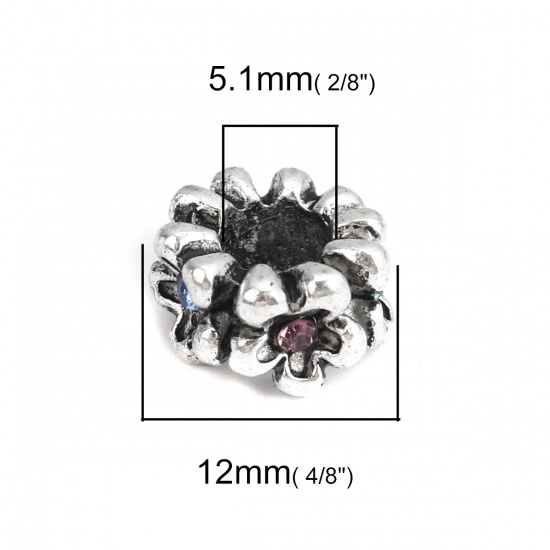 Picture of Zinc Based Alloy Spacer Beads Round Antique Silver Flower Multicolor Rhinestone Hollow About 12mm Dia., Hole: Approx 5.1mm, 10 PCs