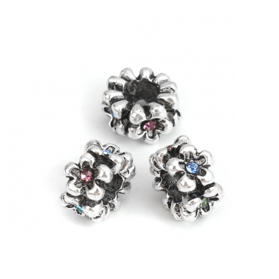 Picture of Zinc Based Alloy Spacer Beads Round Antique Silver Flower Multicolor Rhinestone Hollow About 12mm Dia., Hole: Approx 5.1mm, 10 PCs