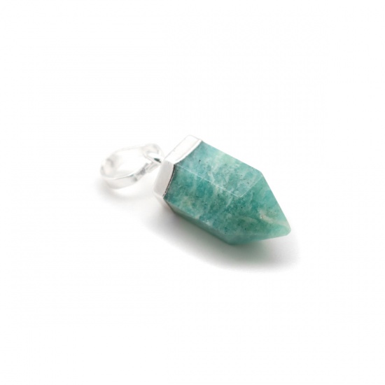 Picture of Copper & Amazonite ( Natural ) Charms Silver Plated Lake Blue Hexagonal Prism 25mm x 9mm - 24mm x 8mm, 1 Piece