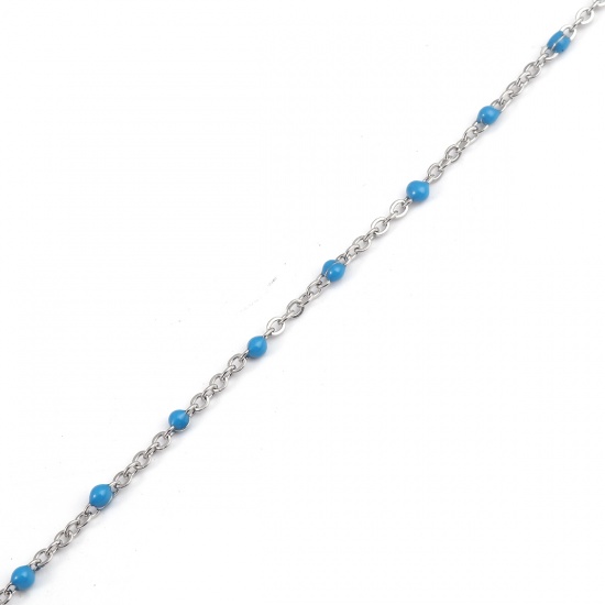 Picture of 304 Stainless Steel Link Cable Chain Silver Tone Blue Enamel 2.5x2mm, 1 M
