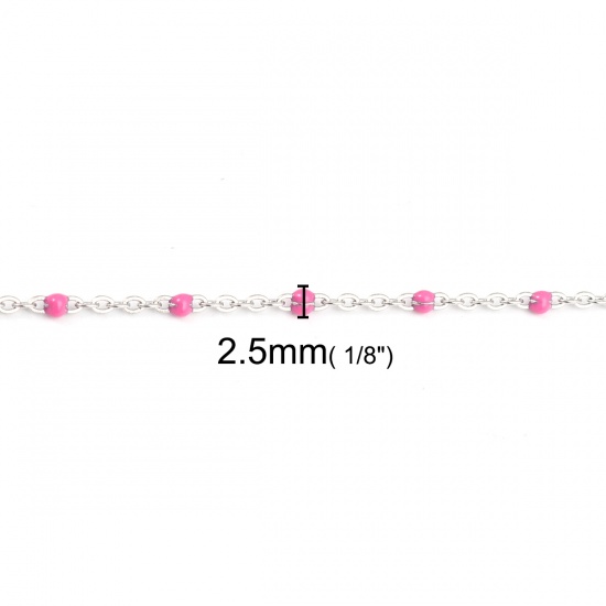 Picture of 304 Stainless Steel Link Cable Chain Silver Tone Fuchsia Enamel 2.5x2mm, 1 M