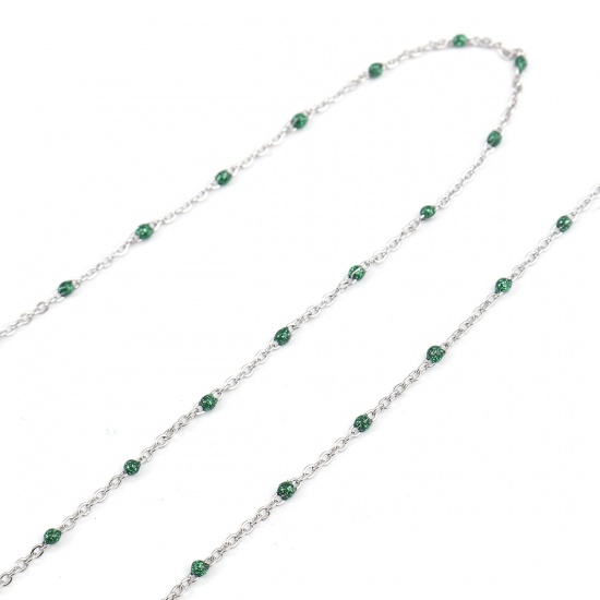 Picture of 304 Stainless Steel Link Cable Chain Silver Tone Green Enamel Glitter 2.5x2mm, 1 M