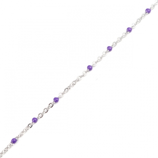 Picture of 304 Stainless Steel Link Cable Chain Silver Tone Purple Enamel 2.5x2mm, 1 M