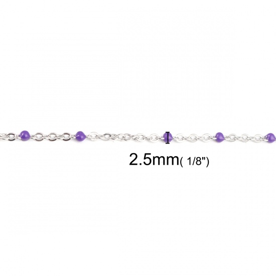 Picture of 304 Stainless Steel Link Cable Chain Silver Tone Purple Enamel 2.5x2mm, 1 M
