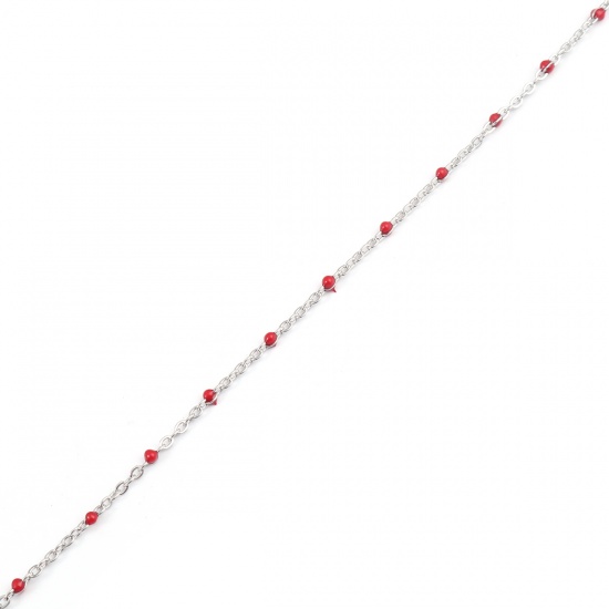 Picture of 304 Stainless Steel Link Cable Chain Silver Tone Red Enamel2.5x2mm, 1 M