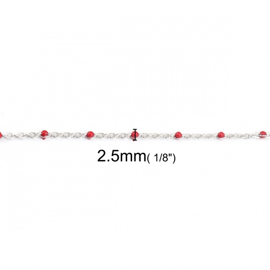Picture of 304 Stainless Steel Link Cable Chain Silver Tone Red Enamel2.5x2mm, 1 M