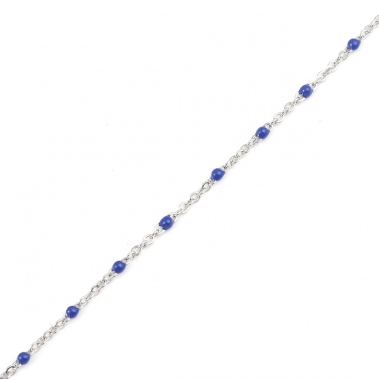 Picture of 304 Stainless Steel Link Cable Chain Silver Tone Royal Blue Enamel 2.5x2mm, 1 M