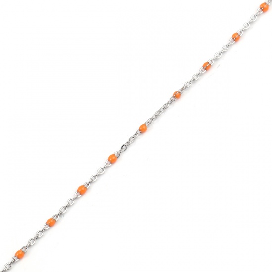 Picture of 304 Stainless Steel Link Cable Chain Silver Tone Orange Enamel 2.5x2mm, 1 M