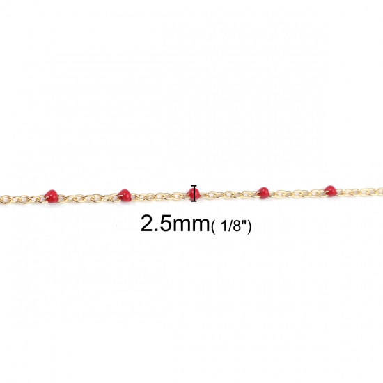Picture of 304 Stainless Steel Link Cable Chain Gold Plated Red Enamel 2.5x2mm, 1 M