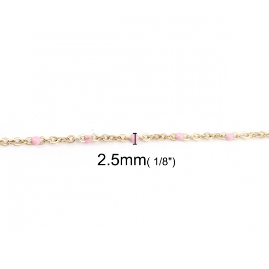 Picture of 304 Stainless Steel Link Cable Chain Gold Plated Pink Enamel 2.5x2mm, 1 M