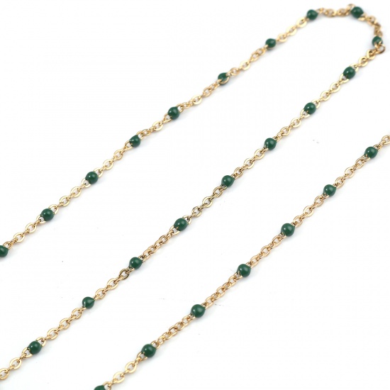 Picture of 304 Stainless Steel Link Cable Chain Gold Plated Dark Green Enamel 2.5x2mm, 1 M