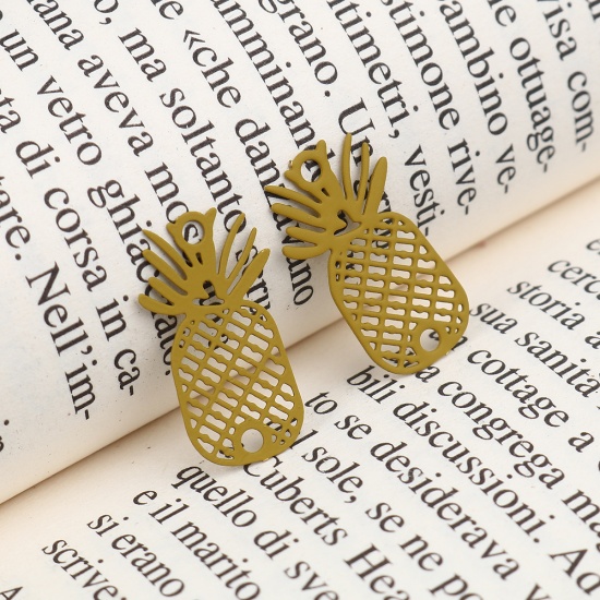 Picture of Brass Filigree Stamping Connectors Pineapple/ Ananas Fruit Yellow-green 21mm x 12mm, 10 PCs                                                                                                                                                                   