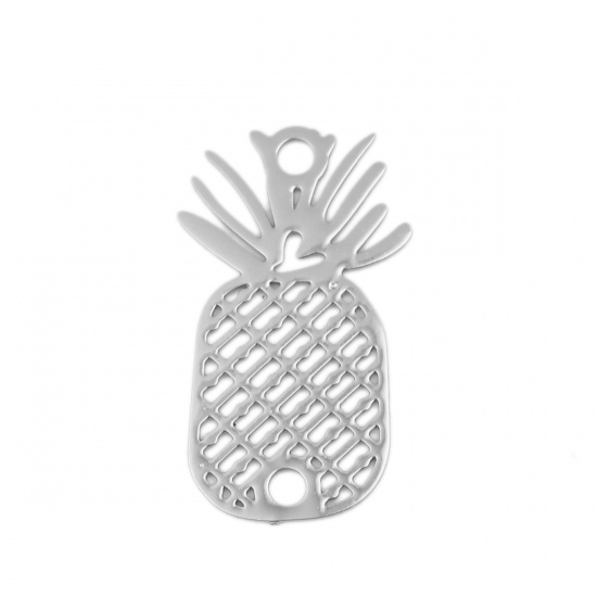 Picture of Brass Filigree Stamping Connectors Pineapple/ Ananas Fruit Silver Tone 21mm x 12mm, 10 PCs                                                                                                                                                                    