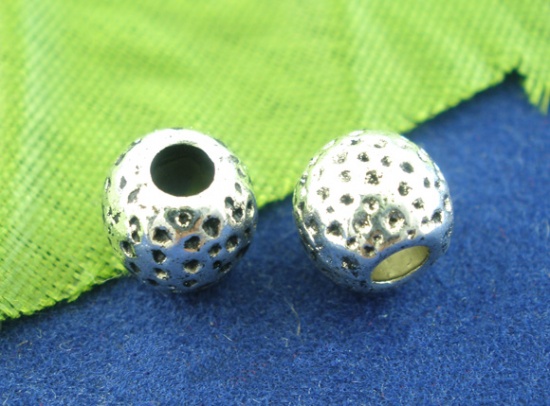 Picture of Zinc Based Alloy Hammered Spacer Beads Round Antique Silver Color Spot Carved About 7mm Dia, Hole:Approx 2.8mm, 50 PCs