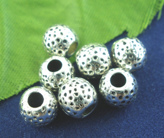 Picture of Zinc Based Alloy Hammered Spacer Beads Round Antique Silver Color Spot Carved About 7mm Dia, Hole:Approx 2.8mm, 50 PCs