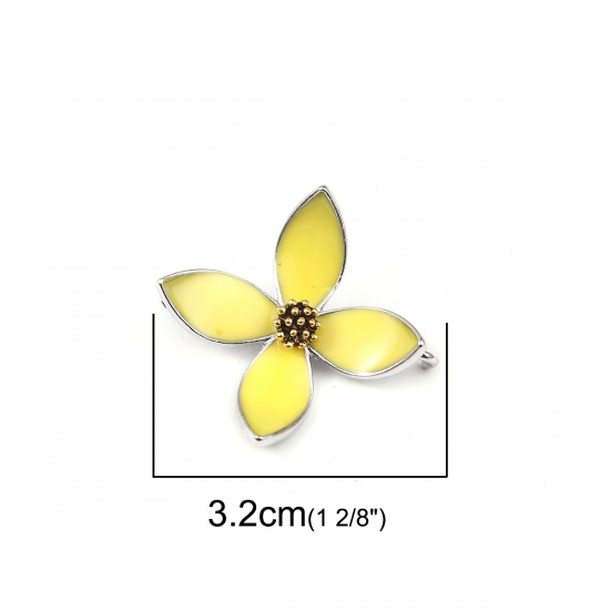 Bild von Zinklegierung Verbinder Blumen Silberfarbe Gelb Emaille, 32mm x 31mm, 4 Stück
