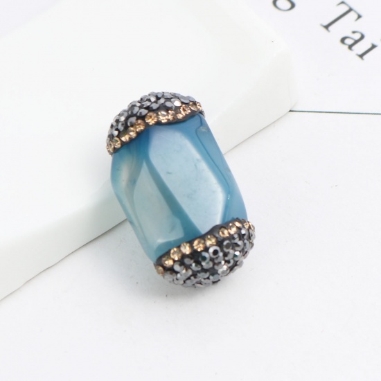 Picture of (Grade A) Agate ( Natural ) Beads Lake Blue Gun Black & Champagne Rhinestone About 26mm x 17mm, Hole: Approx 1mm, 1 Piece