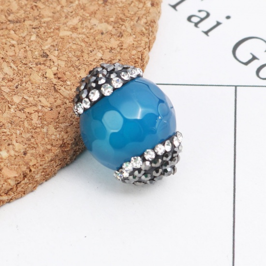 Picture of (Grade A) Agate ( Natural ) Beads Round Blue Black & Clear Rhinestone About 19mm x 14mm, Hole: Approx 1mm, 1 Piece