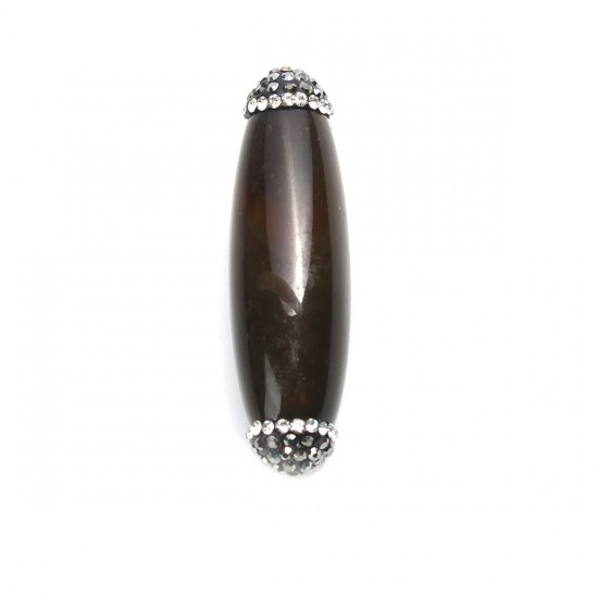 Picture of (Grade A) Agate ( Natural ) Beads Cylinder Dark Brown Black & Clear Rhinestone About 4.8cm x 1.3cm, Hole: Approx 1mm, 1 Piece