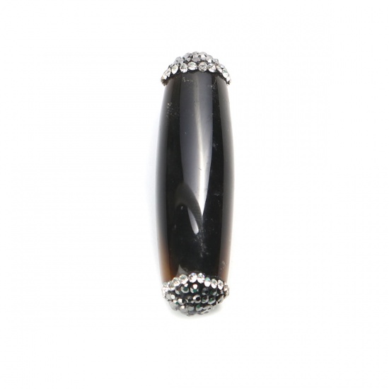 Picture of (Grade A) Agate ( Natural ) Beads Cylinder Coffee Black & Clear Rhinestone About 4.8cm x 1.3cm, Hole: Approx 1mm, 1 Piece