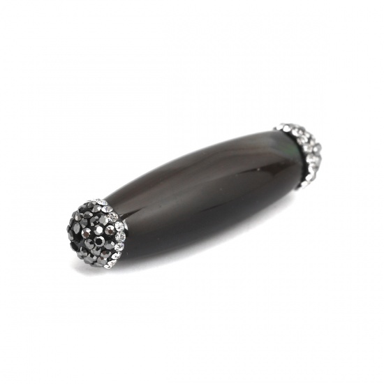 Picture of (Grade A) Agate ( Natural ) Beads Cylinder Black Black & Clear Rhinestone About 4.8cm x 1.3cm, Hole: Approx 1.6mm, 1 Piece