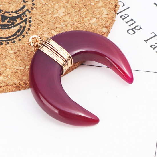 Immagine di (Grado A) Agata ( Naturale ) Ciondoli Luna Oro Placcato Colore di Vino Rosso 4cm x 4cm, 1 Pz