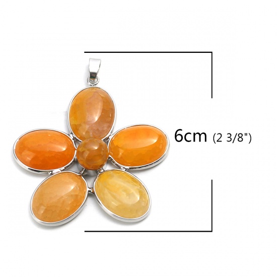 Picture of (Grade A) Brass & Agate ( Natural ) Pendants Flower Silver Tone Yellow 6cm x 5.2cm, 1 Piece