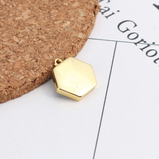 Picture of (Grade B) Copper & Crystal ( Synthetic ) Druzy/ Drusy Charms Gold Plated Green Hexagon AB Color 15mm x 14mm, 1 Piece