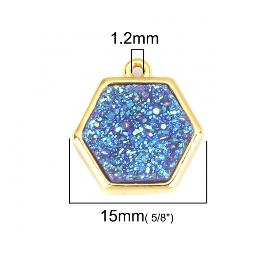 Immagine di (Grado B) Cristallo ( Naturale ) Druzy/ Drusy Charms Oro Placcato Blu Esagono 15mm x 14mm, 1 Pz