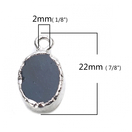 Picture of (Grade A) Copper & Agate ( Natural ) Charms Oval Silver Tone Black 22mm x 13mm, 5 PCs