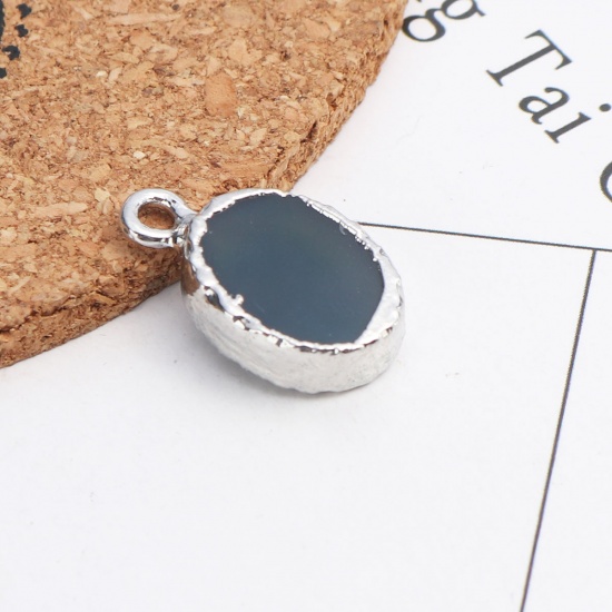 Picture of (Grade A) Copper & Agate ( Natural ) Charms Oval Silver Tone Black 22mm x 13mm, 5 PCs