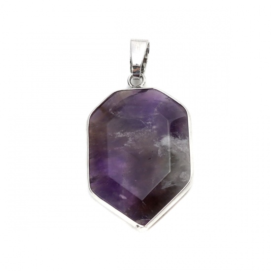 Picture of (Grade A) Crystal ( Natural ) Pendants Silver Tone Purple Polygon 4.3cm x 2.2cm, 1 Piece