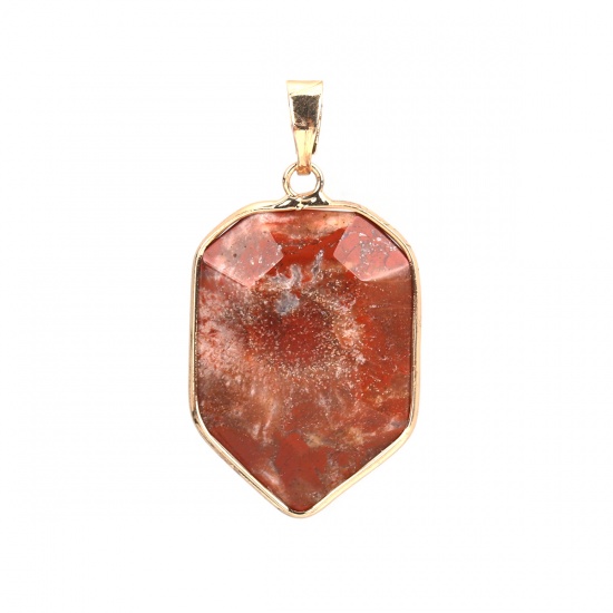 Picture of (Grade A) Stone ( Natural ) Pendants Gold Plated Brown Red Polygon 4.3cm x 2.2cm, 1 Piece