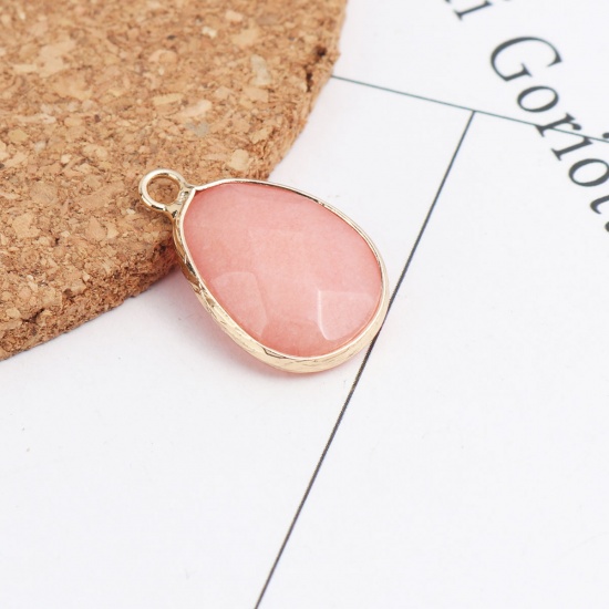 Picture of (Grade B) Stone & Copper ( Natural ) Charms Gold Plated Peachy Beige Drop Faceted 23mm x 15mm, 1 Piece