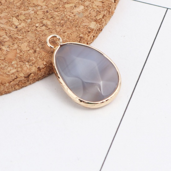 Picture of (Grade A) Copper & Agate ( Natural ) Charms Drop Gold Plated Gray Faceted 23mm x 15mm, 1 Piece