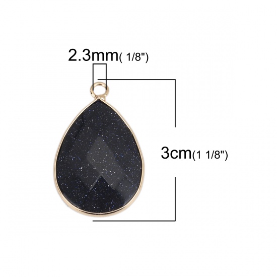 Immagine di (Grado A) Pietra di Sabbia Blu ( Naturale ) Ciondoli Oro Placcato Nero Blu Goccia 3cm x 1.9cm, 1 Pz