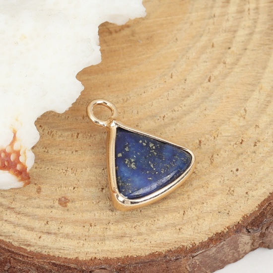 Picture of December Birthstone - (Grade A) Lapis Lazuli ( Natural ) Charms Gold Plated Deep Blue Triangle 16mm x 11mm, 1 Piece