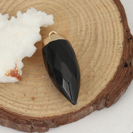 Picture of (Grade A) Agate ( Natural ) Pendants Bullet Gold Plated Black Faceted 3.4cm x 1.3cm, 1 Piece