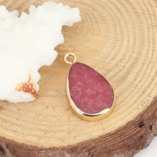 Picture of (Grade B) Stone ( Natural ) Charms Gold Plated Deep Red Drop 23mm x 14mm, 5 PCs