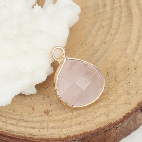 Picture of (Grade A) Rose Quartz ( Natural ) Charms Gold Plated Light Pink Drop Faceted 17mm x 13mm, 5 PCs