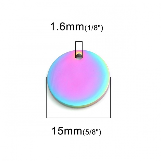 Immagine di 304 Acciaio Inossidabile Charms Tondo Colore Arcobaleno Placcato 15mm Dia., 2 Pz