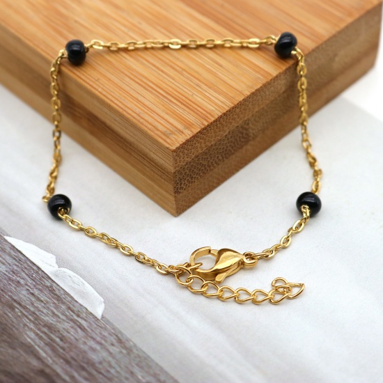 Picture of 304 Stainless Steel Bracelets Gold Plated Black 18cm(7 1/8") long, 1 Piece