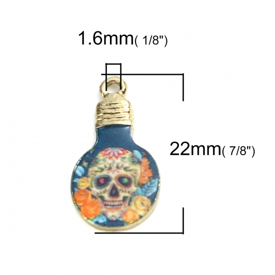 Picture of Zinc Based Alloy Charms Bulb Gold Plated Multicolor Skull Enamel 22mm x 12mm, 10 PCs